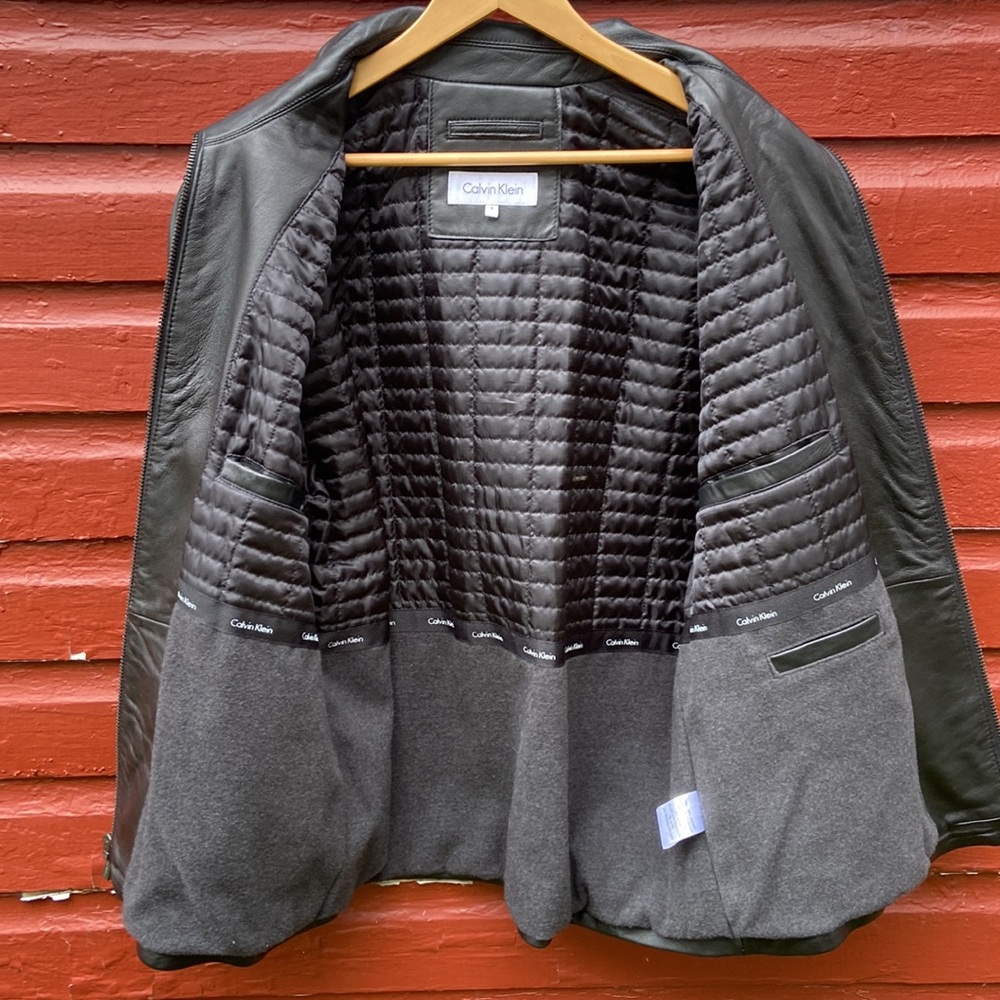 Calvin Klein Black Leather Jacket Fleece & Quilted Lining Men's Size M - Picture 11 of 15